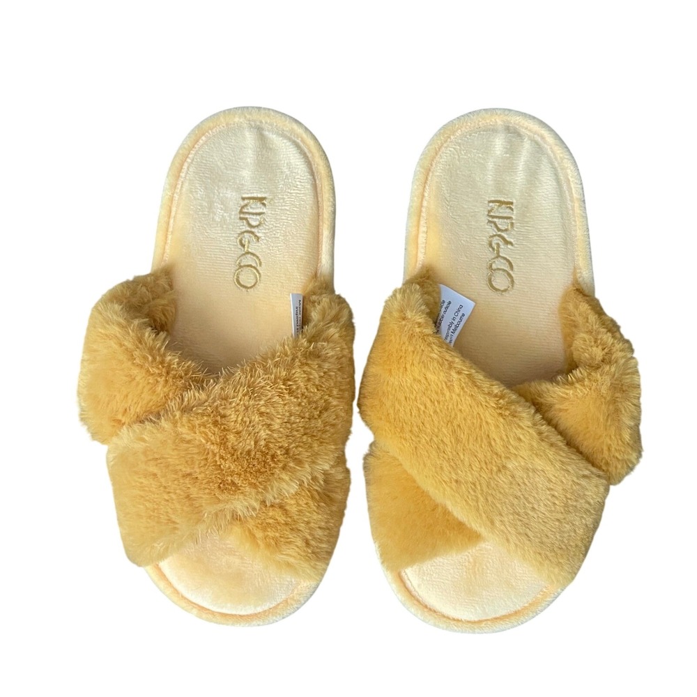 Kip&Co Mustard Yellow Faux Fur Criss‎ Cross Slide Slippers Womens EU 37/38 US 7